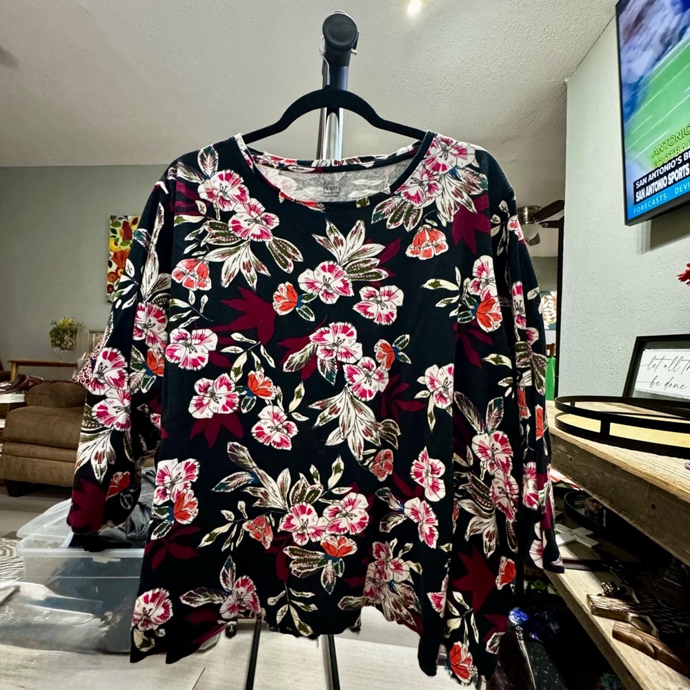 Kim Rogers Floral Blouse with Black and Red Accents